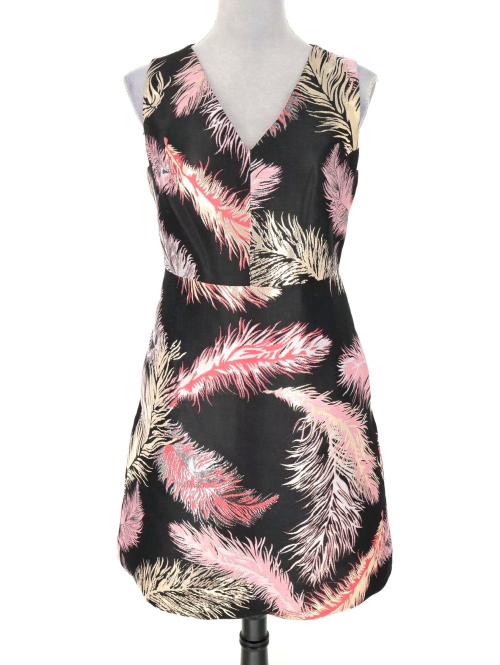 Etcetera Dress Womens 10 Black Pink Brocade Metallic Back Zip Lined Feathers